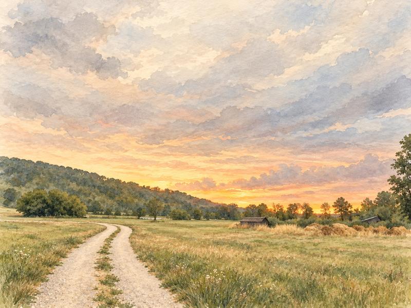 Aquarell: Feldweg zwischen Wiesen im Abendlicht